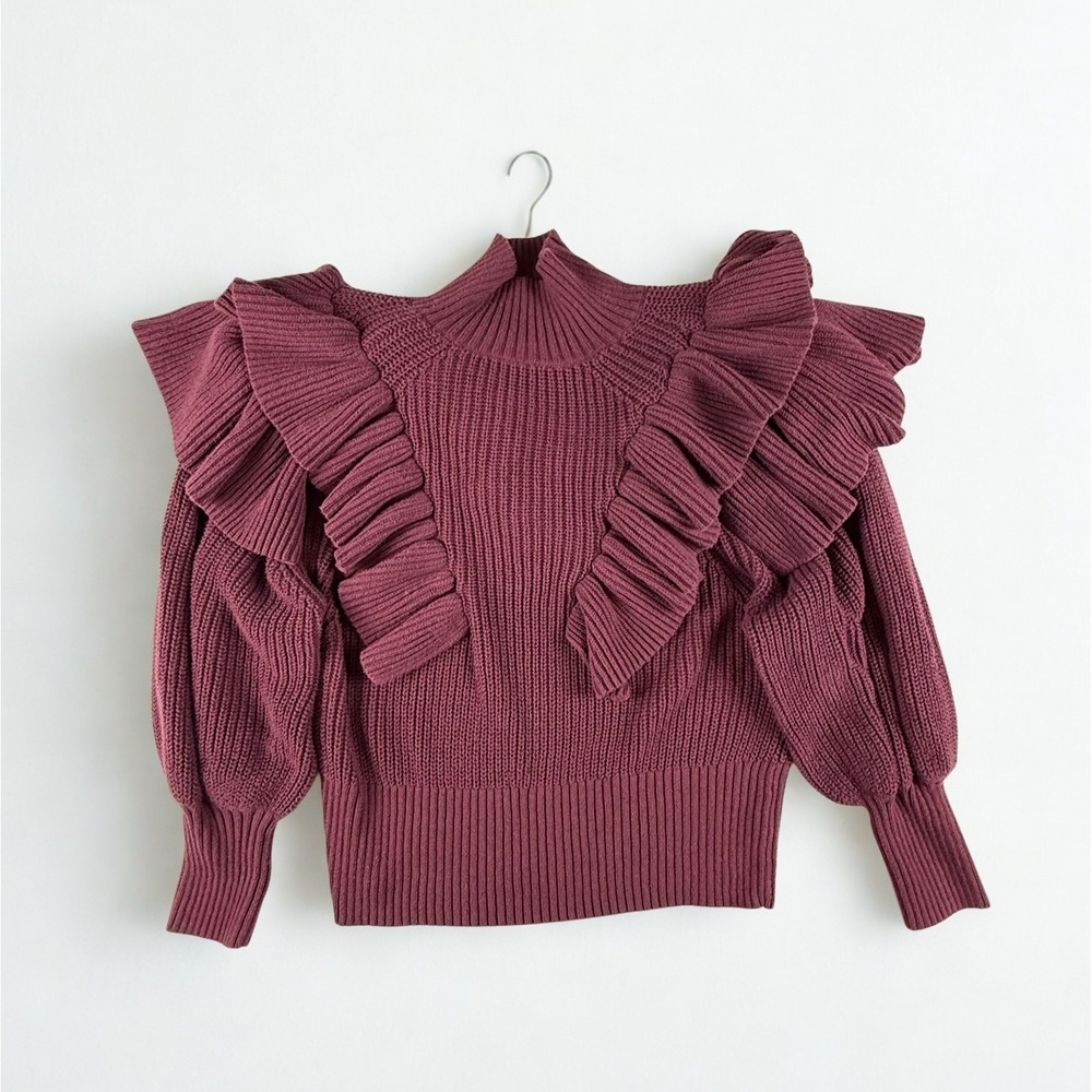 Prologue Womens XL Ruffle Sweater Burgundy Knit Puff‎ Sleeve Mock Neck Statement